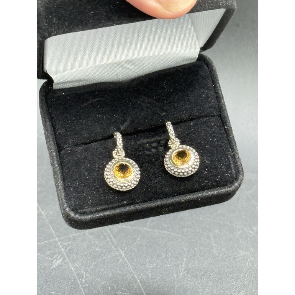 ATR 14K Gold 925 Sterling Silver Citrine Dangle Drop Earrings Caviar Beaded VTG - Picture 6 of 14